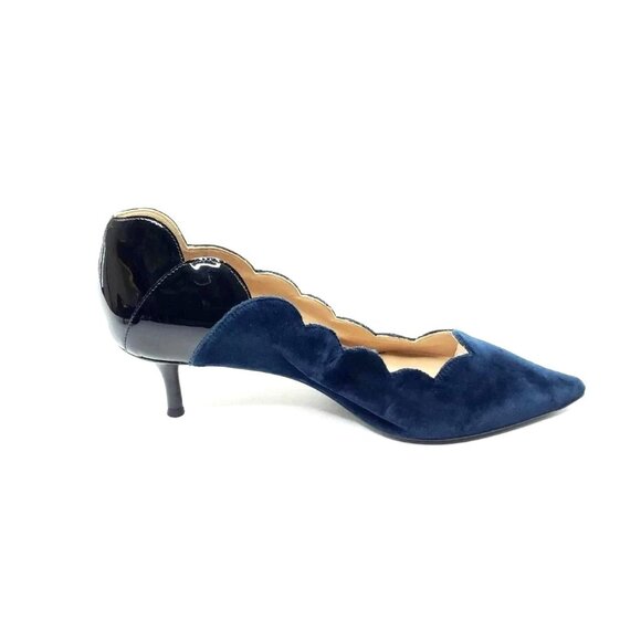 Chloé Scalloped Velvet Patent Leather Pointed Toe Pumps Navy Black Women 39 US 9 - Picture 2 of 11